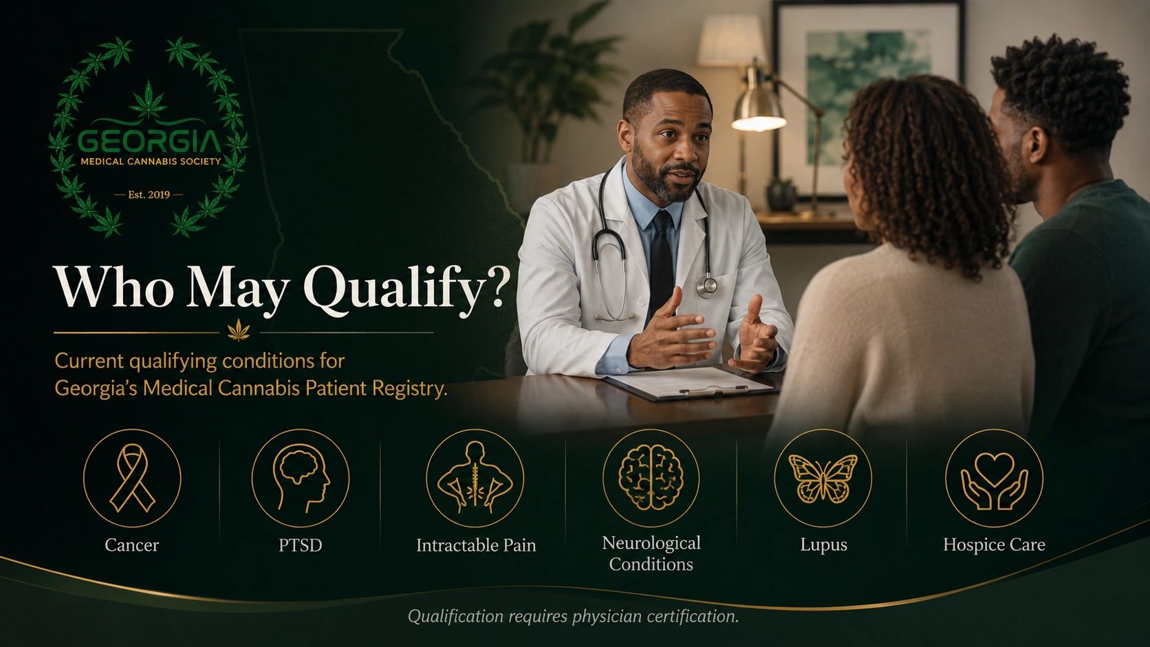 Who May Qualify? Current qualifying conditions for Georgia's Medical Cannabis Patient Registry: Cancer, PTSD, Intractable Pain, Neurological Conditions, Lupus, Hospice Care. Qualification requires physician certification. Georgia Medical Cannabis Society, Est. 2019.